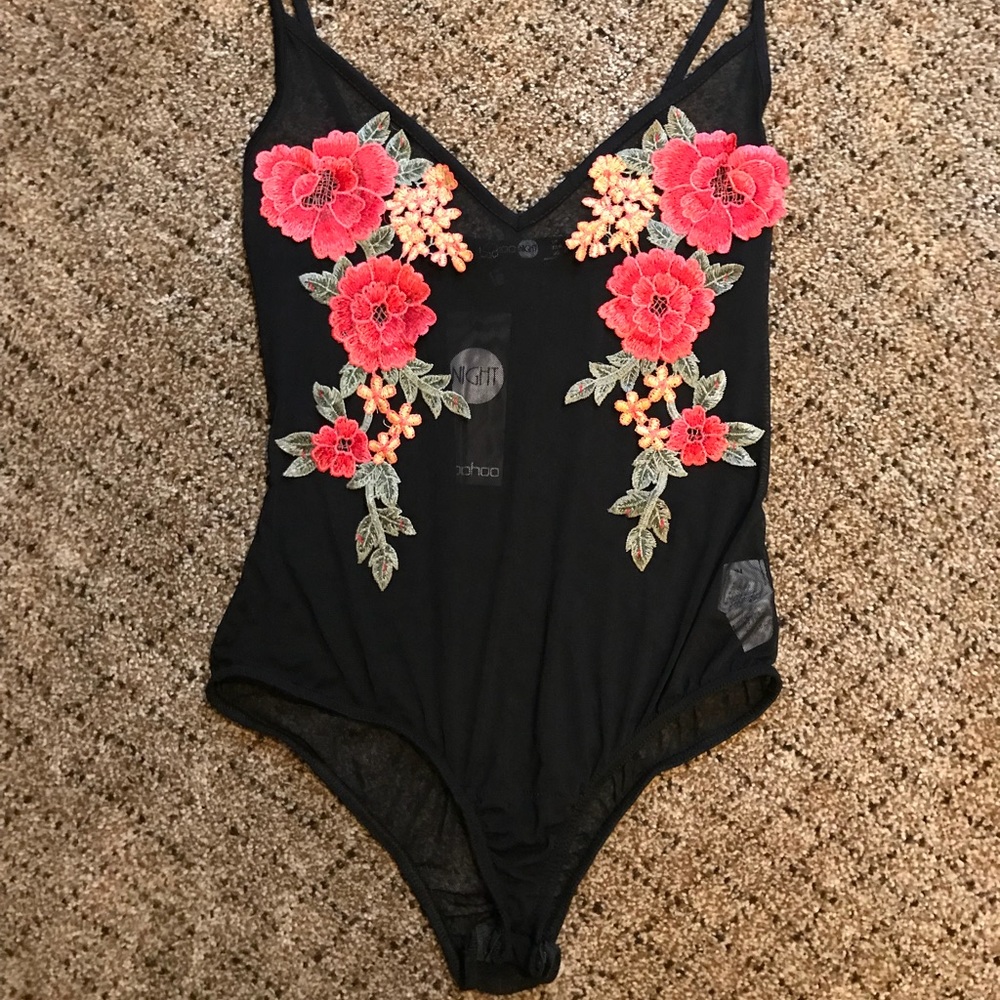 NWT sheer black bodysuit w/ flower appliqué